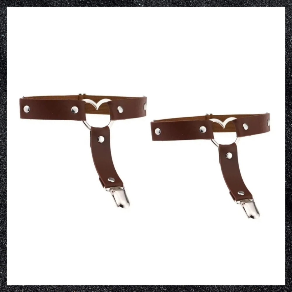 Light Brown Studded Heart Leather Thigh Garter Harness Pair Set